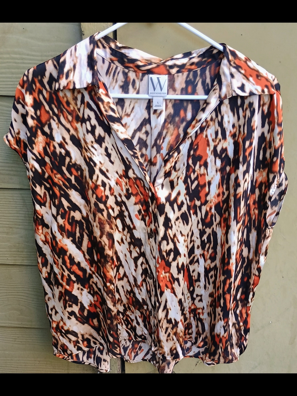 Worthington Orange Brown and Cream Animal-Print Button Front Blouse